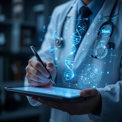 Doctor Using Digital Tablet With Holographic DNA Structure and Medical Data Interface Analysis