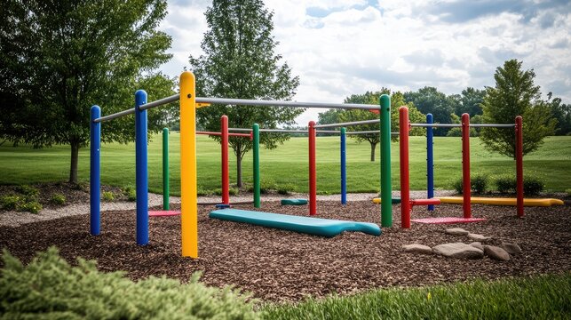 A small park with colorful workout equipment, including parallel bars and a pull-up station, surrounded by green grass and trees.