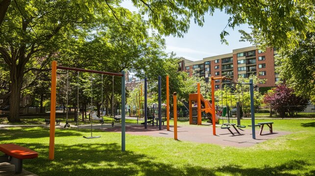 A small park with colorful workout equipment, including parallel bars and a pull-up station, surrounded by green grass and trees.