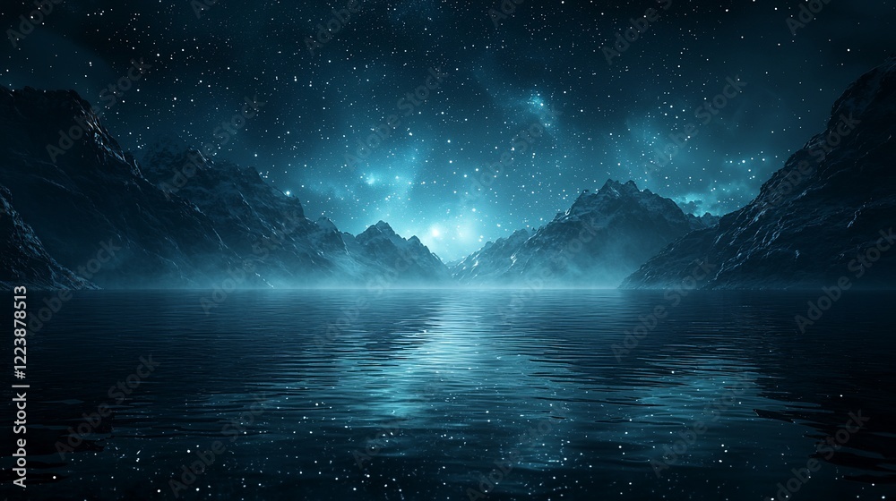 Canvas Prints Mystical night scene of serene mountains reflected in a calm lake under a starry sky.