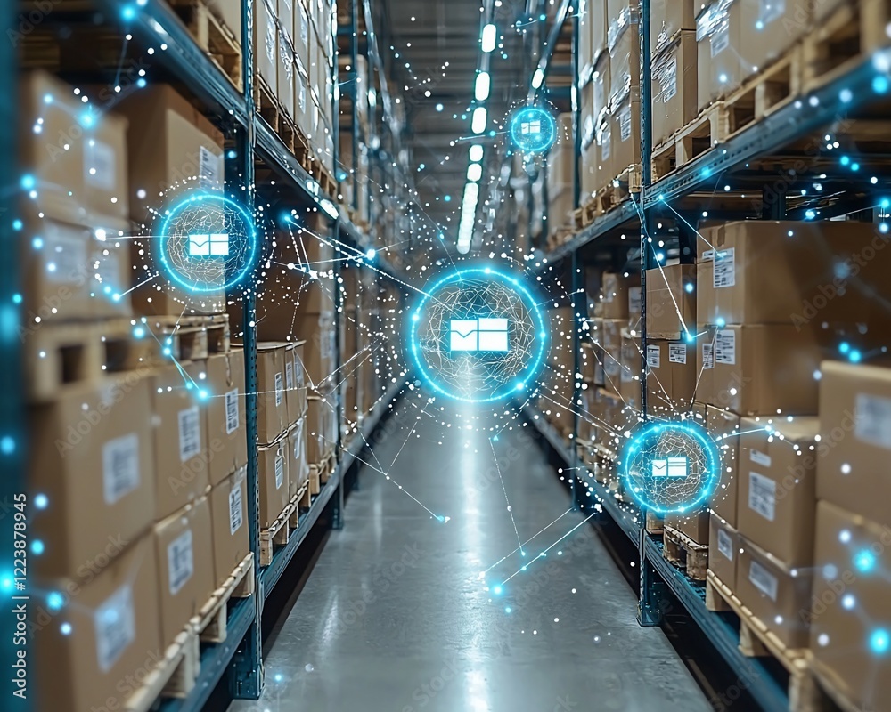 Poster smart warehouse with digital network overlay showing efficient logistics and order tracking.