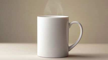 Fototapeta premium A steaming mug of hot beverage sits on a neutral background. Warm, inviting, and simple.