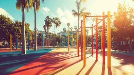 Fototapeta premium A vibrant calisthenics park with high bars, monkey bars, and a dip station under bright sunlight and clear skies.