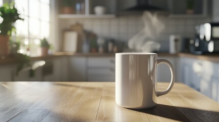 Warm morning light illuminates a white mug on a wooden kitchen table. A peaceful start to the day.