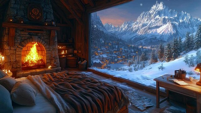 Cozy bedroom in a wooden cabin with a glowing fireplace and a panoramic snowy mountain view. Seamless looping time lapse animation video background  
