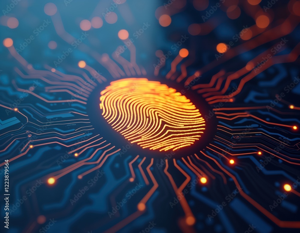 Poster Futuristic tech concept shows glowing fingerprint on illuminated circuit board. Advanced biometric security system protects personal information. Secure digital access via fingerprint. Modern tech