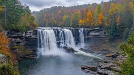 Obraz premium A wide, majestic waterfall pouring over a cliff into a large pool below, surrounded by dense forest and rocky terrain.