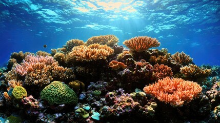 Fototapeta premium Vibrant coral reef teeming with life underwater, sunlit ocean scene, ideal for marine conservation campaigns