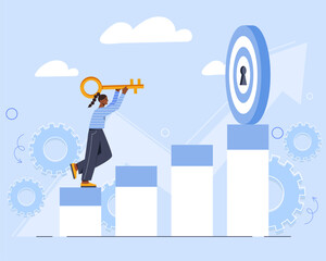 Woman holding a golden key, climbing bar chart steps toward a target with a keyhole. Blue background with gears and arrows. Concept of success. Vector illustration