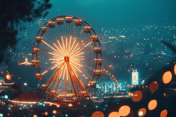 A Rising Ferris Wheel Turning Against the City Lights, Creating a Vibrant and Fun Urban Scene