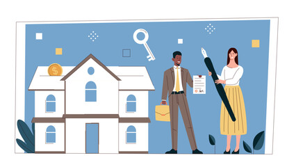 Illustration of a house, a businessman with briefcase and signed document, and a woman holding a pen, on a blue background. Concept of real estate transaction. Vector illustration