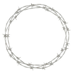 Circular Barbed Wire Frame: Modern Art - A circular frame crafted from barbed wire, presenting a modern and unconventional approach to art	
