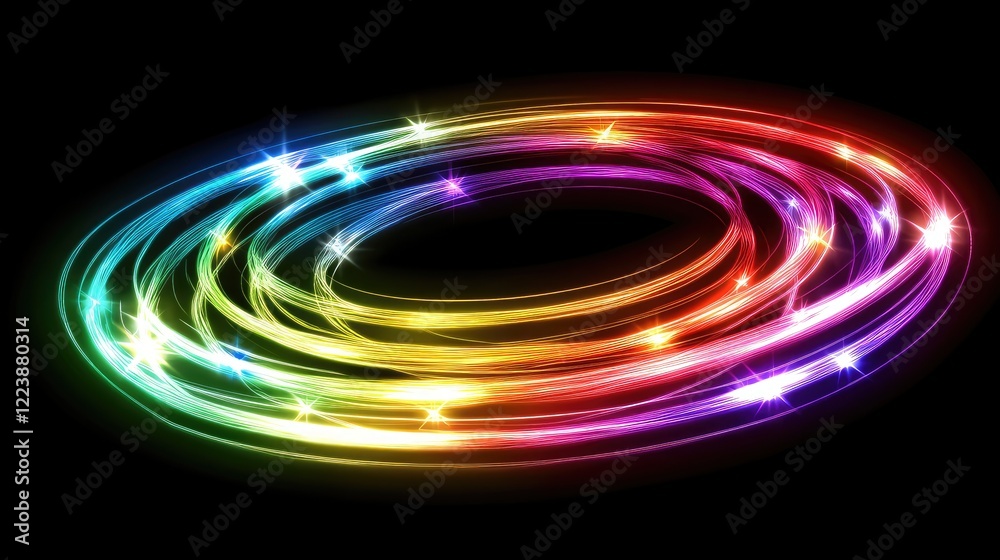 Poster neon spirals in rainbow colors twisting dynamically in a d abstract space, with glowing edges.