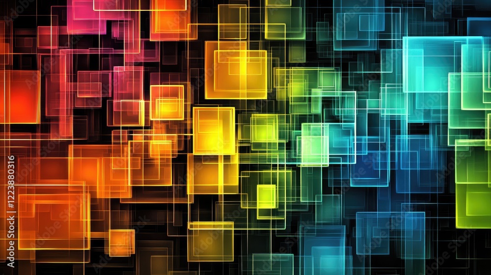 Poster neon rectangles in gradient hues, layered dynamically to create a modern and colorful abstract compo