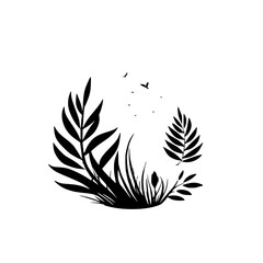Obraz premium Monochrome Botanical Illustration: Elegant Silhouette of Plants and Birds. Nature-inspired design, perfect for eco-conscious brands and nature lovers.