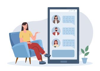Woman sitting in an armchair engaging in a virtual chat display on a large smartphone screen. Minimalist background, concept of online communication. Vector illustration