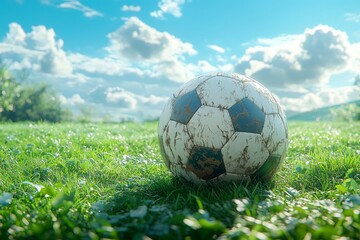 Fototapeta premium Tranquil Scene of Soccer Ball on Freshly Cut Grass in Sports Field Under Clear Sky Perfect for Recreation