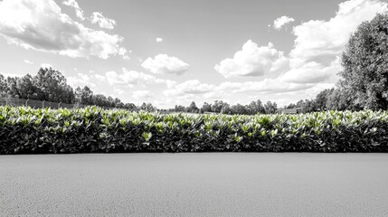 Green hedge, gray pavement, sunny sky, outdoor landscape. Website banner