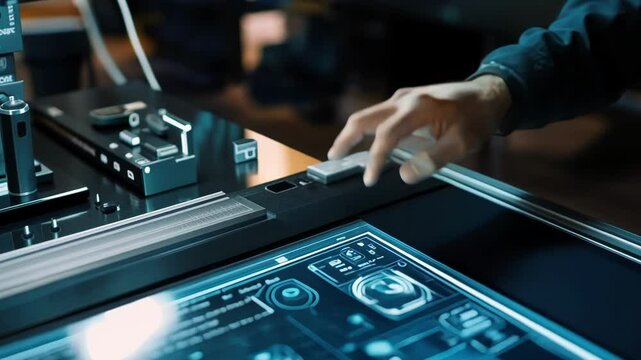 In a modern factory, an industrial engineer uses a futuristic transparent display to manage and control the manufacturing process, optimizing workflow and ensuring efficiency