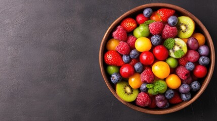 Colorful fruit salad in bowl, dark background, healthy eating