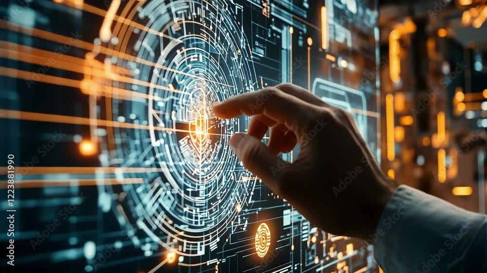 Poster engineer operating an interactive holographic interface in a high tech control room, monitoring and 