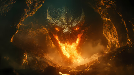 Fierce angry dragon breathing fire in dark cave with copy space - fantasy creature concept. Blazing Cavern. Illustration