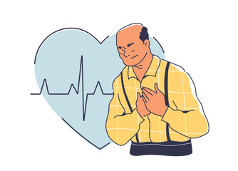 Elderly man clutching chest in pain, with a heart shape and ECG line in the background, colored illustration. Concept of heart health and chest pain. Vector illustration