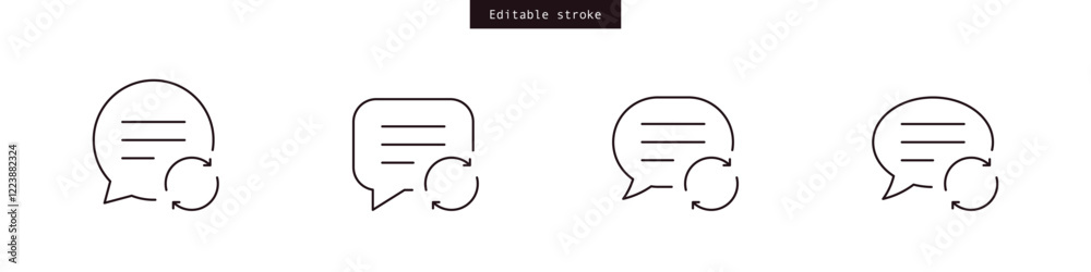 Poster backup icon, chat message speech bubble with sync arrows icon | update, reload or refresh conversation line icons with a circular arrow. Editable strokes