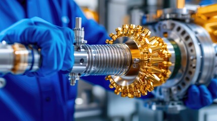 Technician installing precision part in factory; background blurred