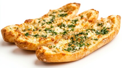 Crispy garlic bread with a golden crust, isolated on white,