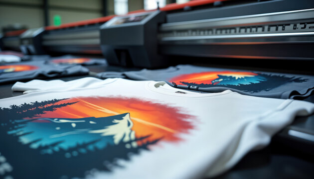 T-shirts printed with modern machine. Digital printing process seen in action on blank t-shirts. Sunrisesunset design applied to white, grey shirts. Production facility clean, well-organized.