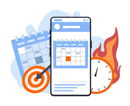 Illustration of calendars, a smartphone, a target, a clock, and flames on a white background. Represents time management, deadlines, and scheduling. Vector illustration