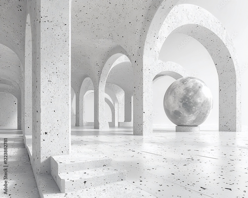 Poster moonlit white architectural arches and columns interior.