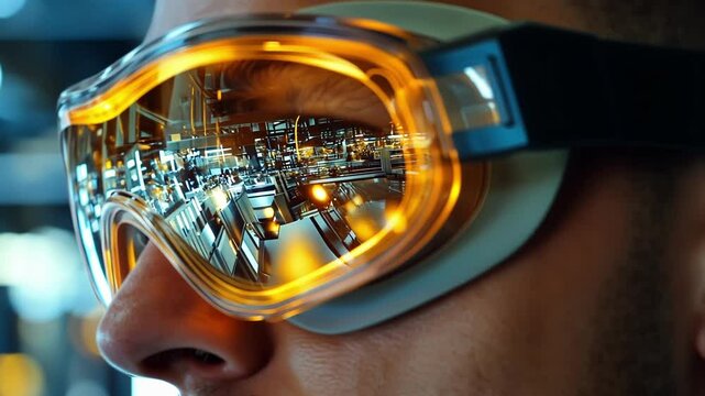 Close up of an engineer wearing safety goggles reflecting a brightly lit industrial manufacturing plant, highlighting workplace safety and advanced technology