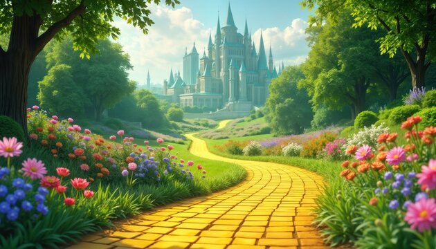 Enchanted yellow brick path winds toward magical emerald city. Springtime blossoms surround pathway. Vivid colors create fantastical landscape. Beautiful flowers, rich plants frame path to grand