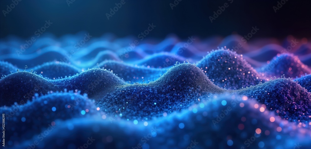 Poster Abstract wavy surface. Blue color gradient with light effects. Pattern of small shapes. Futuristic design. Modern wallpaper style. Image perfect for tech background. Suitable for digital art template