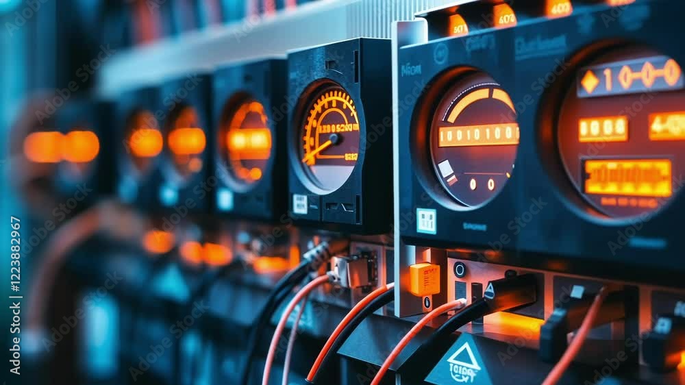 Poster illuminated control panel displaying performance indicators and connected cables, enabling real time