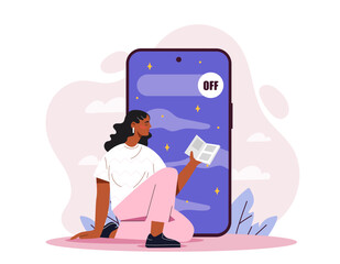 Woman sitting with a book near a large smartphone showing an Off button. Minimalistic background with clouds and stars. Concept of digital detox. Vector illustration