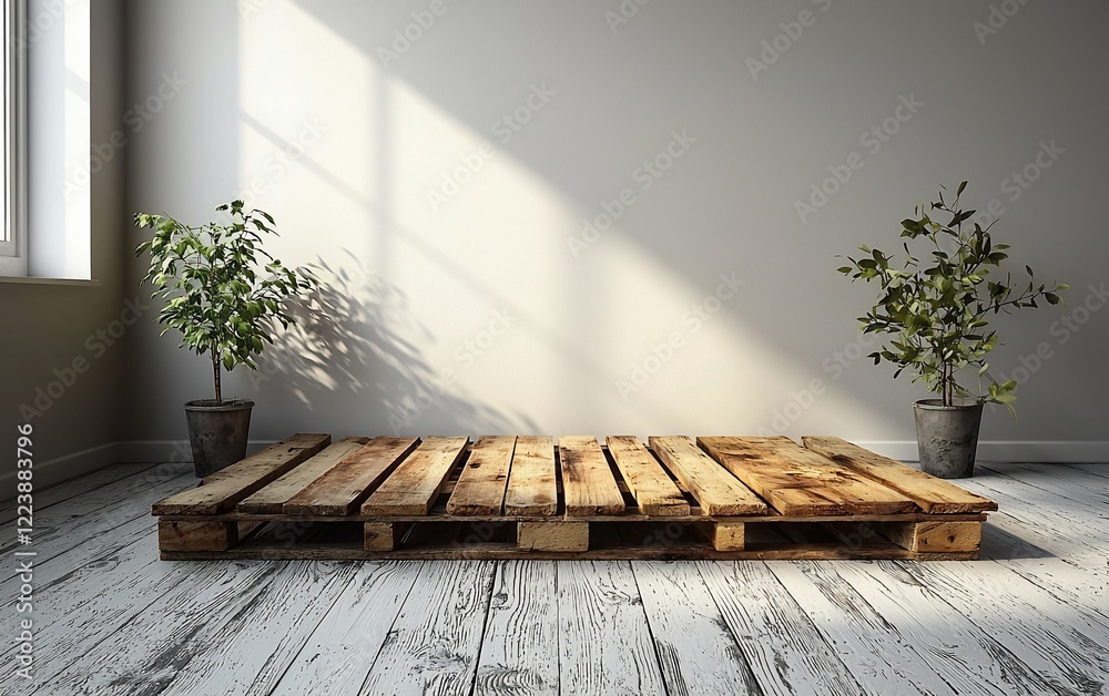 Aufkleber rustic wooden pallet platform in minimalist room.