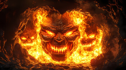 3d illustration - fiery demon faces in volcanic cave. Blazing Cavern. Illustration