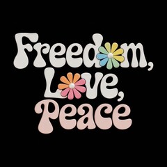 Fototapeta premium Freedom, Love, Peace text design with colorful flowers on black background