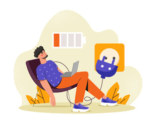 Illustration of a man sitting on a chair with a laptop, appearing exhausted. Low battery symbol and plug visual on a light background. Concept of fatigue. Vector illustration