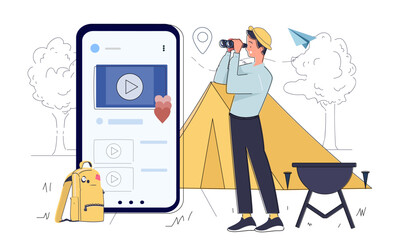 A camper with binoculars near a yellow tent, a backpack, and a grill, standing by a large smartphone showing video content. Concept of camping and technology. Flat vector illustration