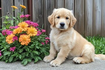 Adorable Golden Retriever puppy sits beside vibrant orange and pink flowers. Perfect for pet, spring, or floral themes, evokes joy and warmth.