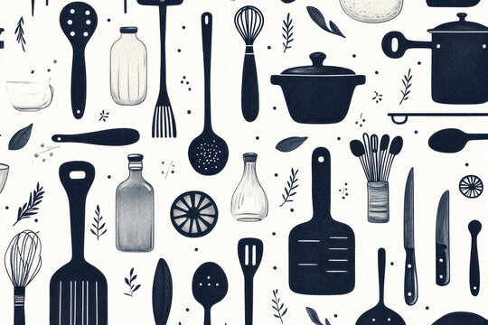 "Symmetrical pattern of assorted kitchen utensils and pots neatly organized on a wooden shelf."