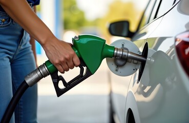 Woman fills car with gasoline at gas station. Fuel pump nozzle connected to car fuel tank. Transportation concept. Everyday scene of refilling vehicle. Modern transportation. Commercial, personal