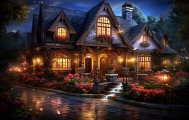 Obraz premium A cozy house surrounded by flowers in a garden on a hill