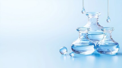 Clear liquid in glass bottles, droplets falling, blue background; for skincare or cosmetics ads