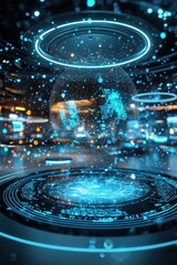Obraz premium A futuristic event space with interactive holographic displays.