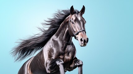 Black stallion leaping, mane flowing, blue background, equine power, equestrian photography
